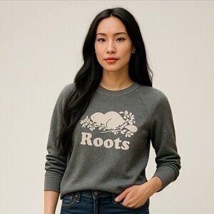 Roots  Logo Salt & Pepper Crewneck Fitted Sweatshirt